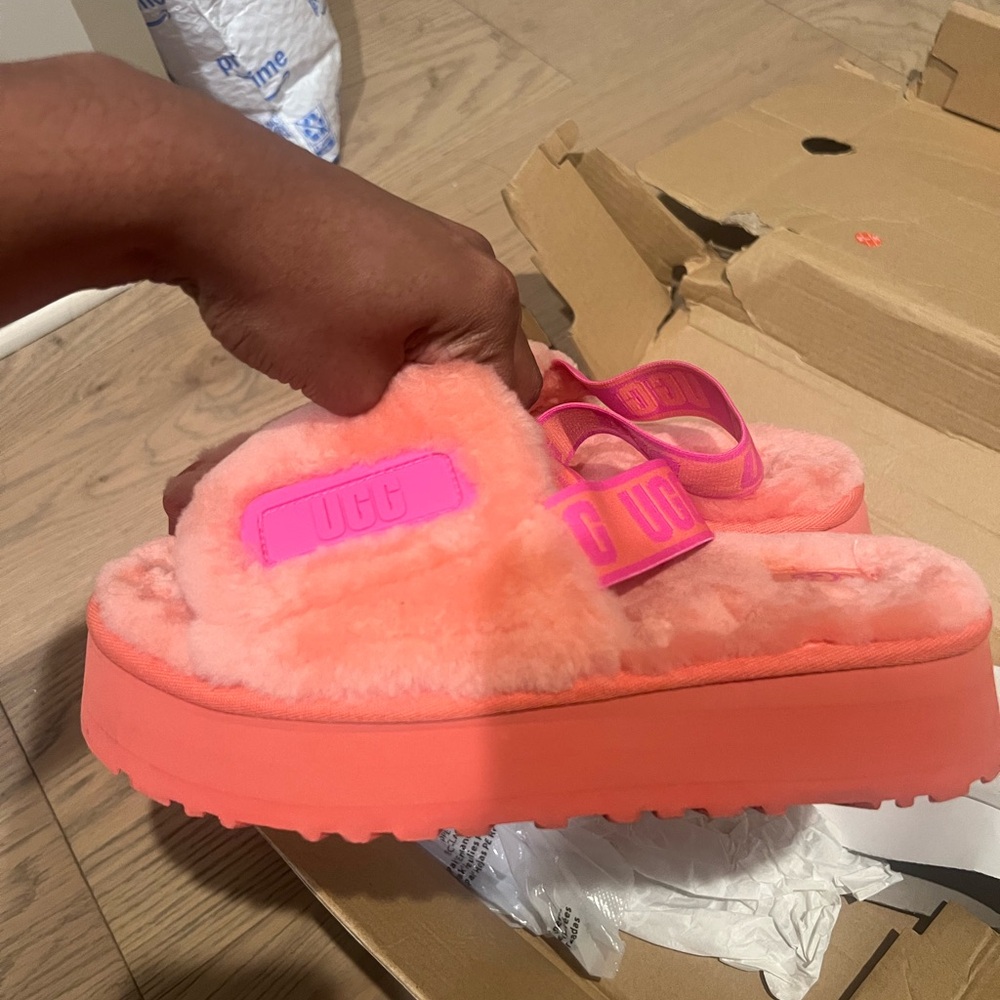 UGG Neon Pink Fluffy Platform Sandals